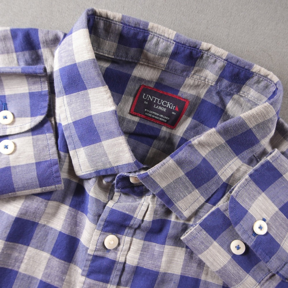 UNTUCKit Anderson Gingham Cotton Linen Regular Fit Men Shirt L Office Vacation